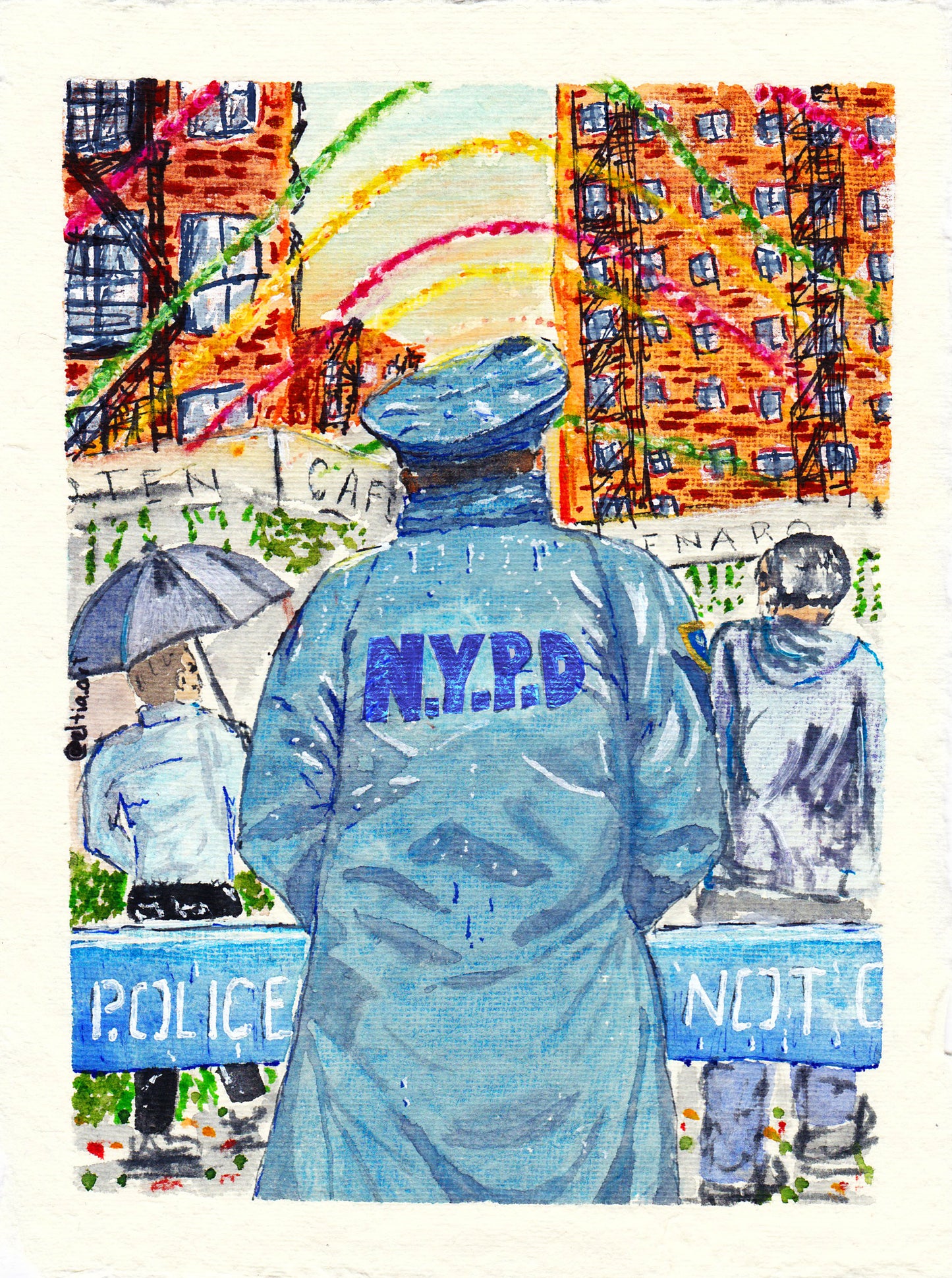 NYPD Little Italy New York City - Framed Watercolor Painting